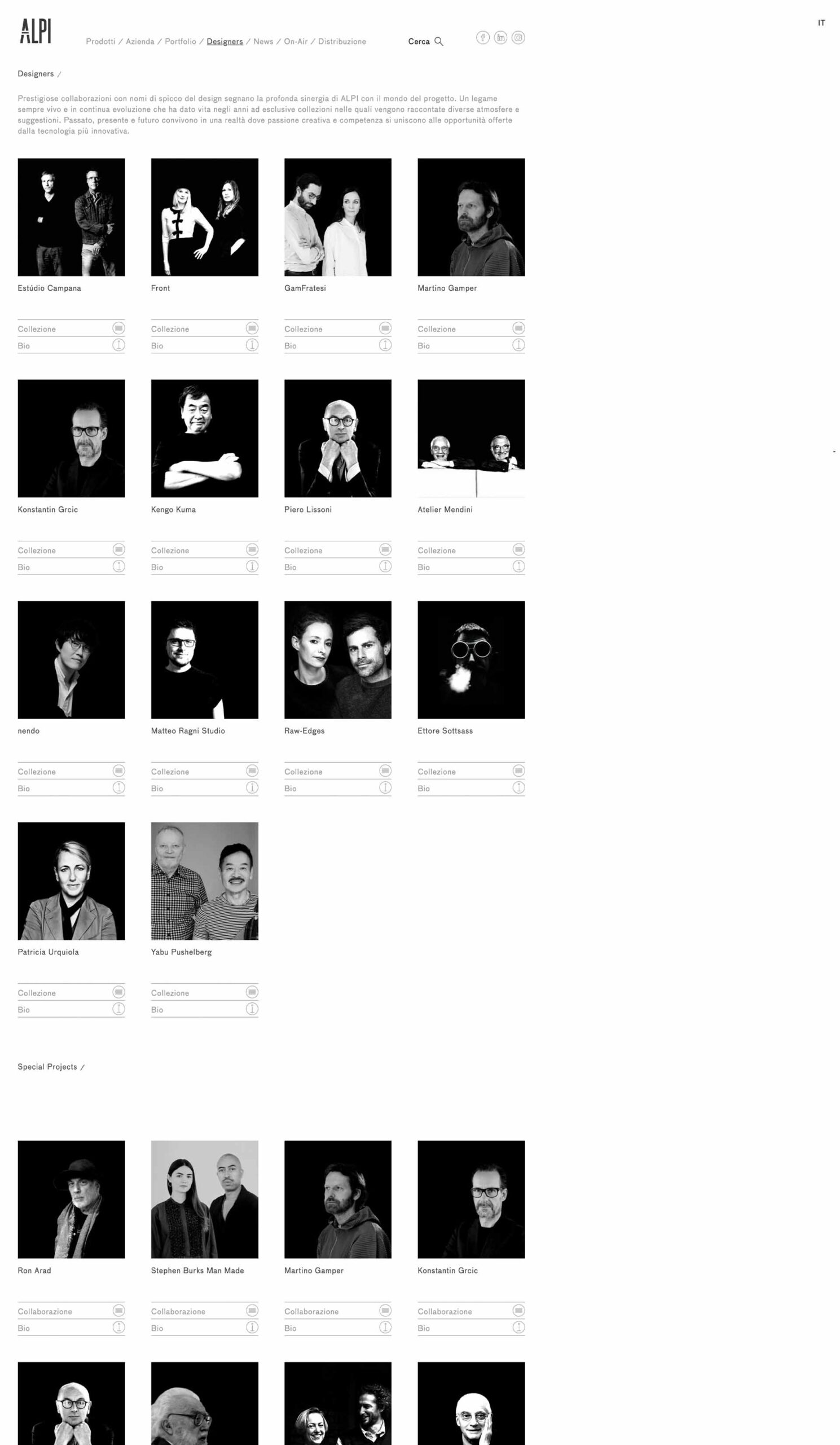 Sezione Designer del sito web Alpi
