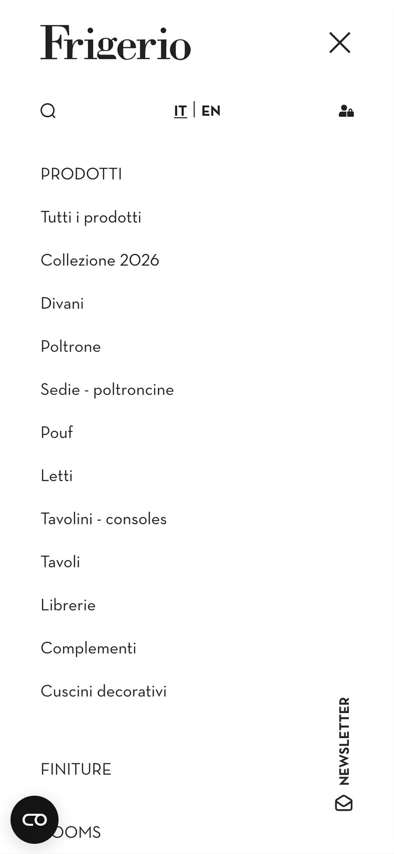 Menu di navigazione del sito web Frigerio Salotti
